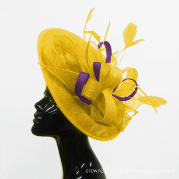 Caprilite Big Saucer Sinamay Yellow & Dark Purple Mixed Colour Fascinator On Headband Wedding Derby Ascot Races Ladies Hat